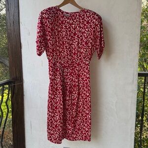 Vintage silk‎ dress bright red print Maggy London by Jeannine Booher 100% silk S